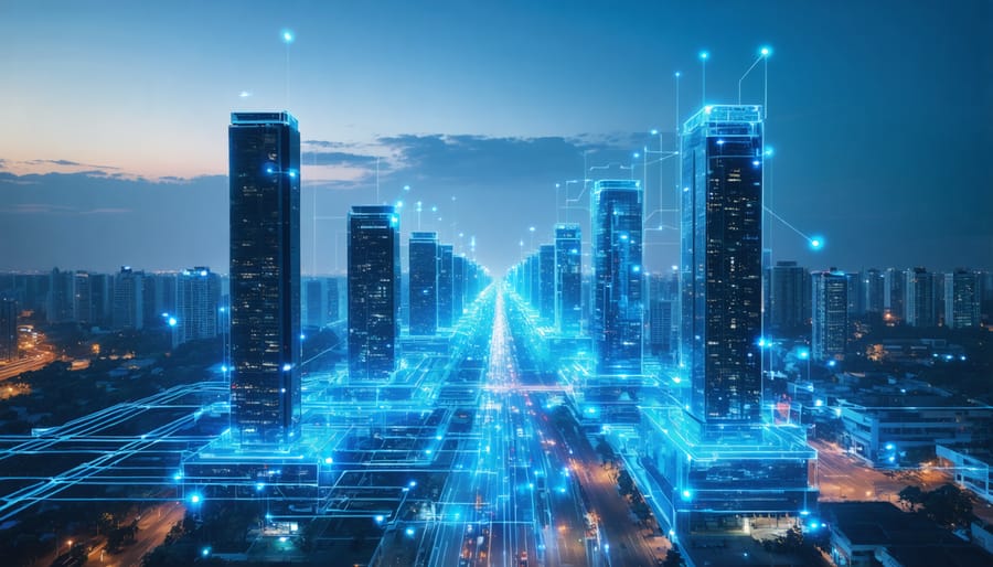 Cityscape illustrating modern skyscrapers equipped with IoT sensors and data streams, with a contrast between predictive maintenance and traditional maintenance states.
