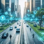 Conceptual representation of a modern smart city transportation network integrating pedestrians, cycling lanes, and autonomous vehicles with digital data analytics represented as overlays.