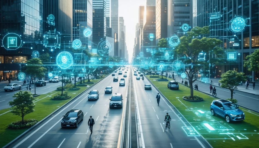 Conceptual representation of a modern smart city transportation network integrating pedestrians, cycling lanes, and autonomous vehicles with digital data analytics represented as overlays.