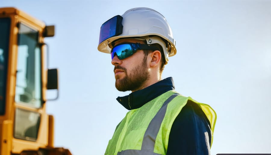 Construction worker equipped with advanced smart helmet showing real-time safety data on heads-up display