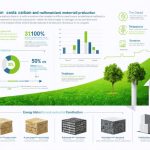 Infographic showcasing the impact of smart material production on reducing energy costs and carbon emissions in the construction industry, featuring a bar graph and modern construction visuals.