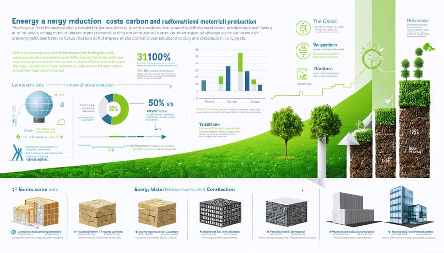 Infographic showcasing the impact of smart material production on reducing energy costs and carbon emissions in the construction industry, featuring a bar graph and modern construction visuals.