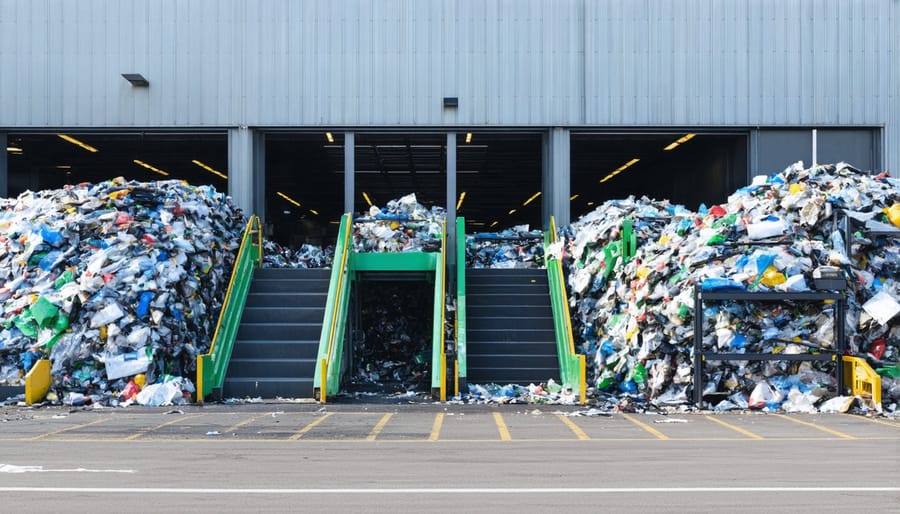 Advanced industrial recycling facility with robotic sorting arms and digital monitoring displays