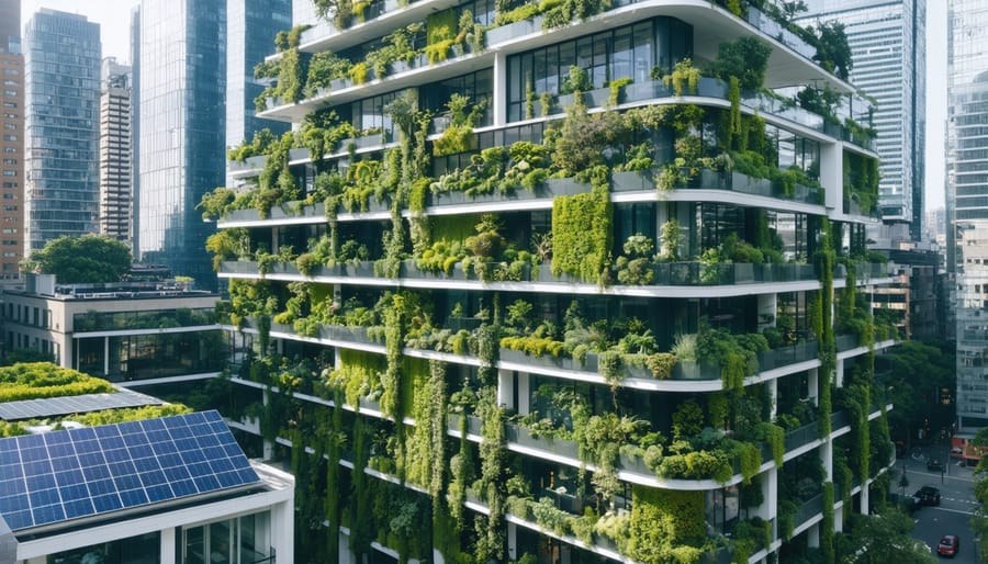 A futuristic city skyline showcasing sustainable architecture with solar panels, vertical gardens, and energy-efficient designs, representing the advantages of sustainable construction.