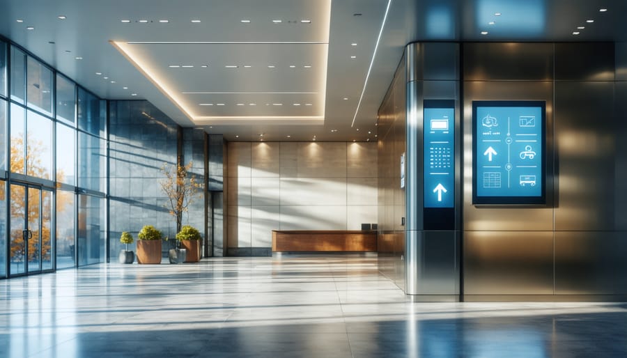 Interior photograph of an accessible building lobby with digital wayfinding screens and tactile floor indicators