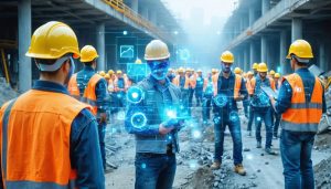 Construction workers on site wearing smart helmets and connected devices showcasing digital interfaces and safety technologies integrated into wearable gear.