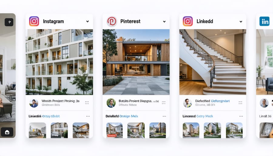 A collage of architectural content tailored for Instagram, Pinterest, and LinkedIn, showcasing the varied visual strategies employed by architecture firms to engage audiences.