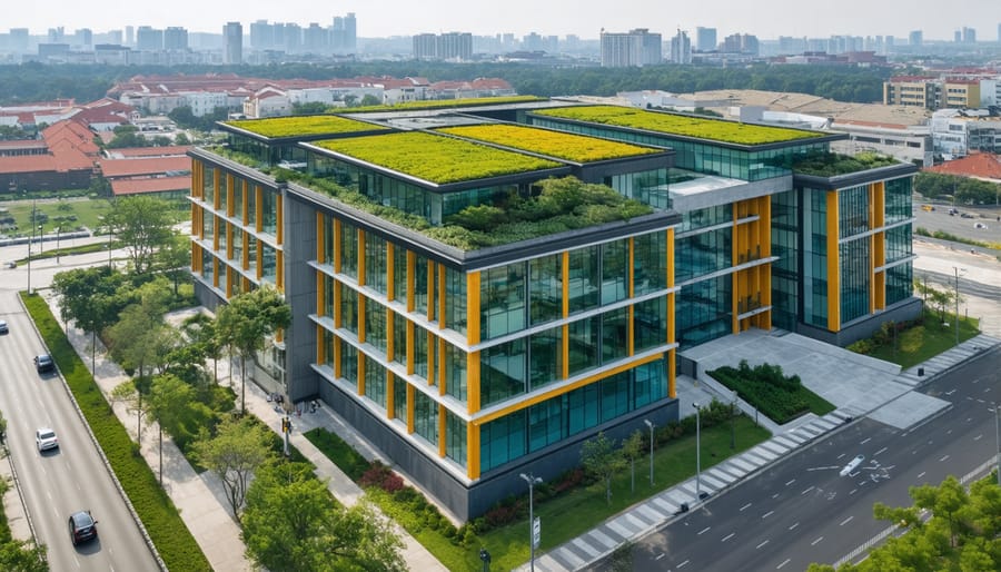 Modern sustainable office building with integrated solar panels and green roof technology