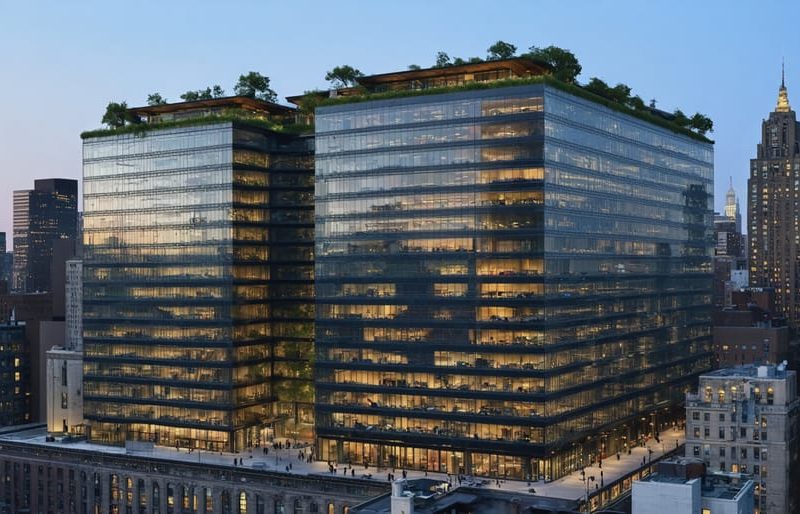 Aerial view of S&P Global's new headquarters in Manhattan, displaying the building's double-skin façade, green roof, and cutting-edge sustainable architectural elements.