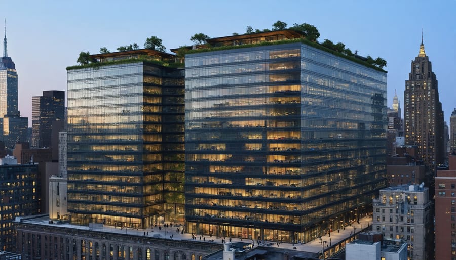 Aerial view of S&P Global's new headquarters in Manhattan, displaying the building's double-skin façade, green roof, and cutting-edge sustainable architectural elements.