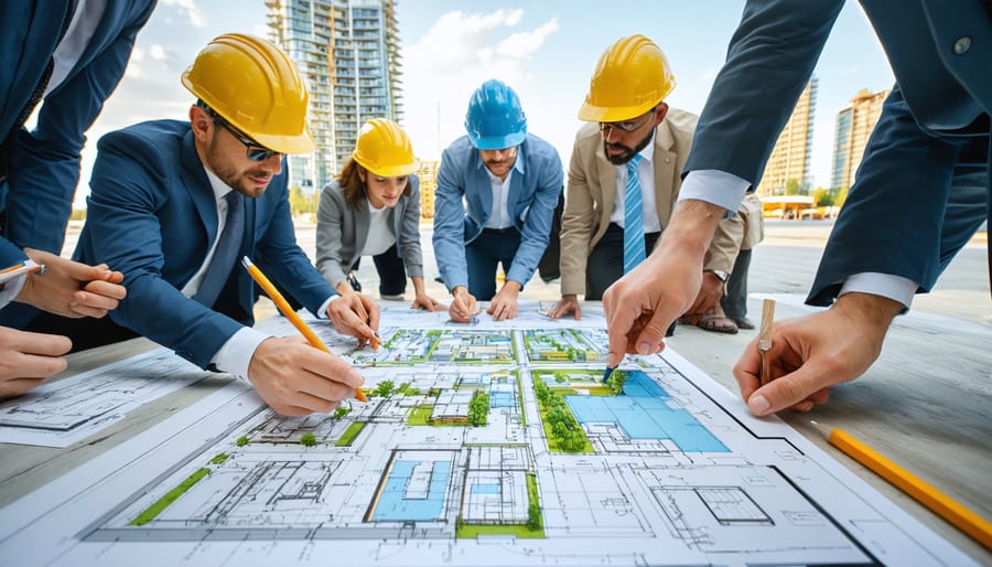Conceptual illustration of diverse stakeholders, including architects, contractors, community members, and regulatory representatives, collaborating on a construction project plan on a digital tablet.