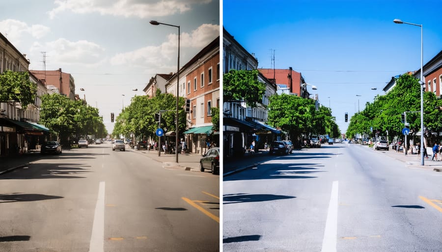Before and after comparison of urban street transformation showing pedestrian-friendly improvements