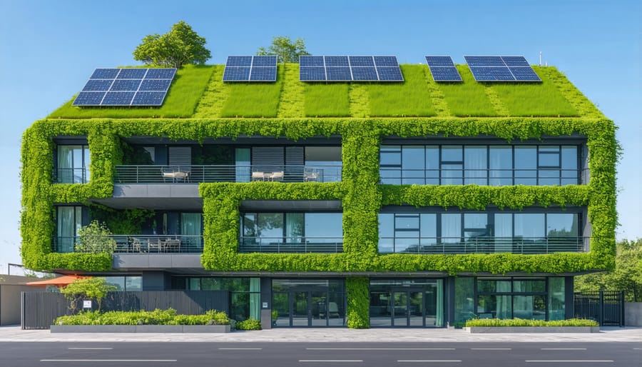 Contemporary sustainable building showcasing various green building materials in real-world application
