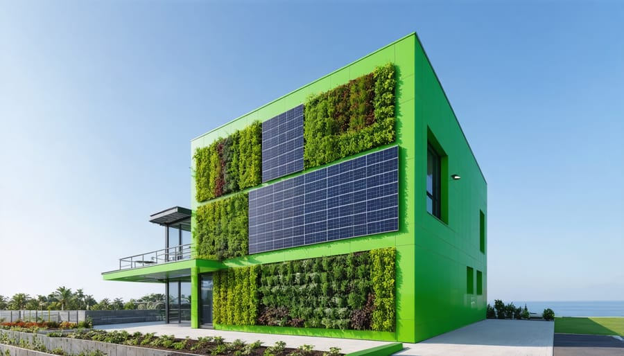 Sustainable office building with integrated solar panels and vertical garden