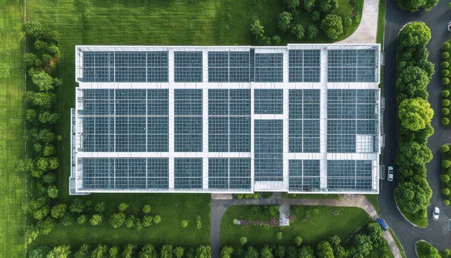 Bird's eye view of eco-friendly construction site with solar panels and green building materials