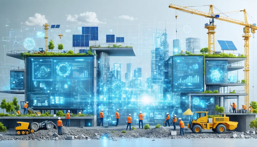 An illustration showing a construction site transitioning to sustainability with digital blueprints, solar panels, green roofs, and workers actively engaged in eco-friendly practices.