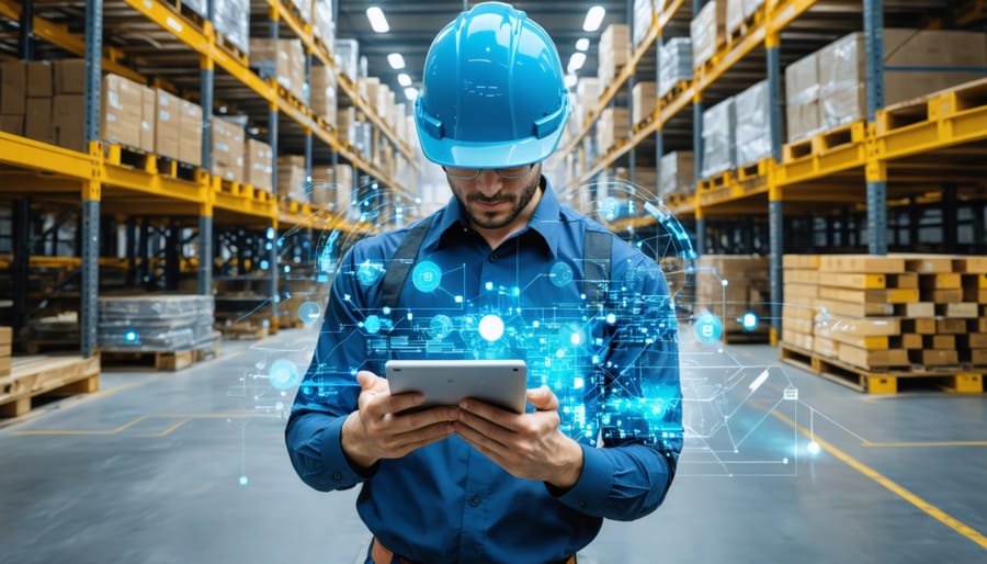 Supply chain professional using a digital tablet in a warehouse surrounded by construction materials, with holographic network lines representing technology integration in supply chain operations.