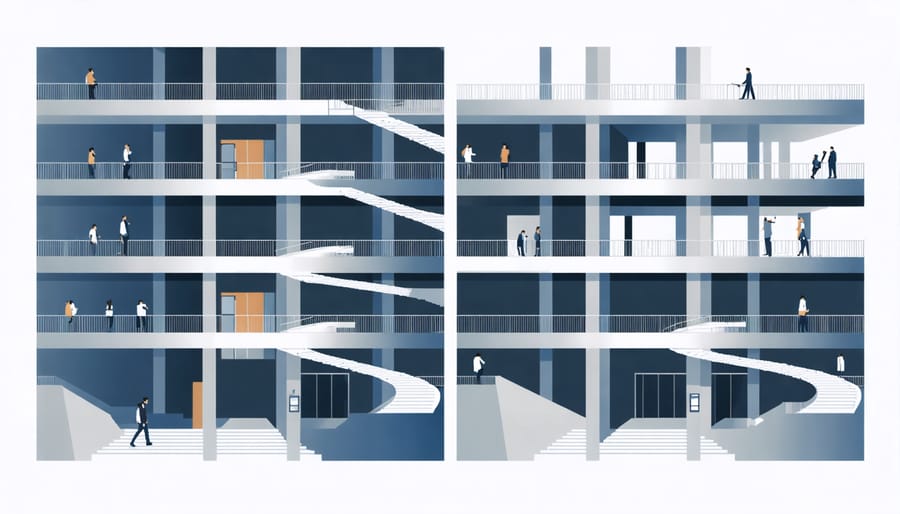 Architectural diagram demonstrating accessible circulation paths including ramps, elevators, and wide corridors for diverse users