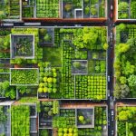 "Aerial view of a city with urban farms, including rooftop gardens, vertical farming structures, and community garden spaces, integrated into the urban architecture."