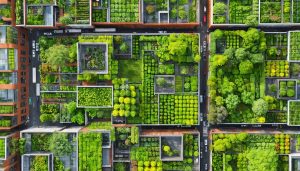 "Aerial view of a city with urban farms, including rooftop gardens, vertical farming structures, and community garden spaces, integrated into the urban architecture."