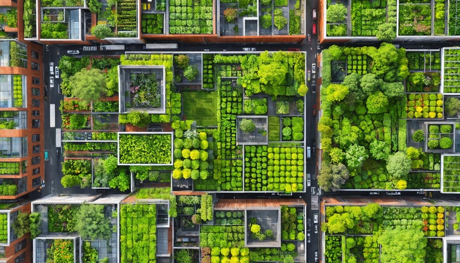 "Aerial view of a city with urban farms, including rooftop gardens, vertical farming structures, and community garden spaces, integrated into the urban architecture."