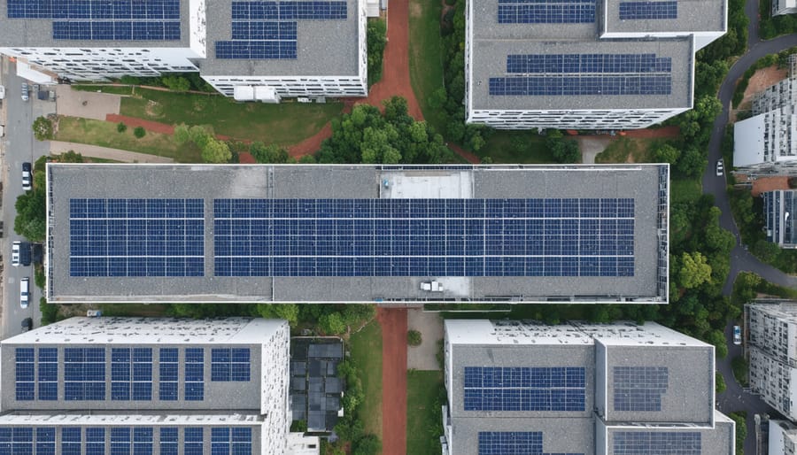 Urban neighborhood with solar panel installations across multiple buildings and community centers