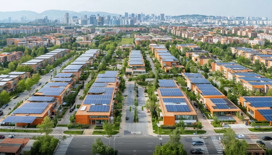 A diverse urban neighborhood showcasing solar panels on rooftops and green spaces, symbolizing the integration of renewable energy solutions and sustainable urban planning.