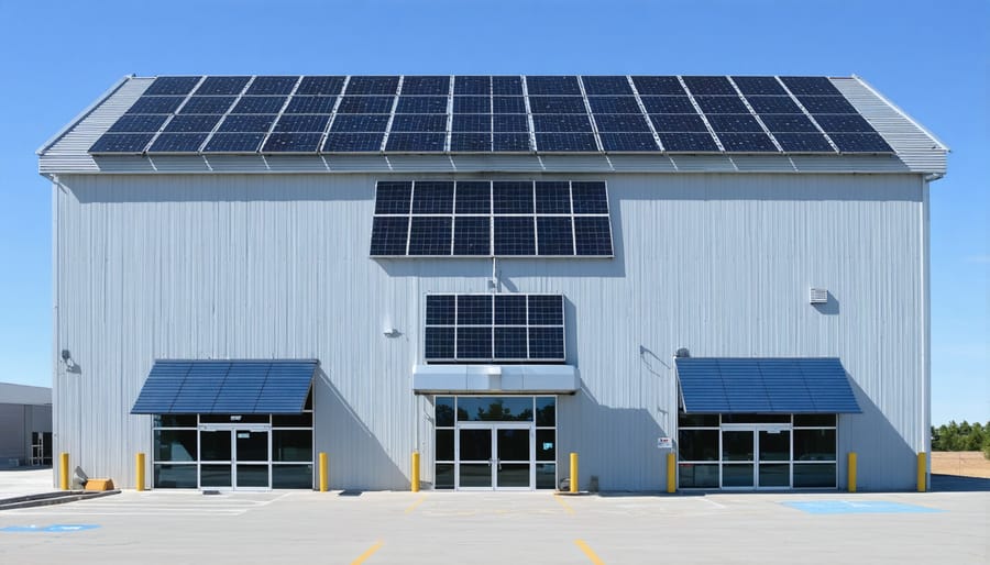 Modern office building equipped with v-grid energy system components including rooftop solar installation