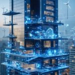 A futuristic commercial skyscraper equipped with solar panels and wind turbines, showcasing an advanced v-grid energy system amidst an urban skyline. Representing technology-driven sustainability in modern architecture.