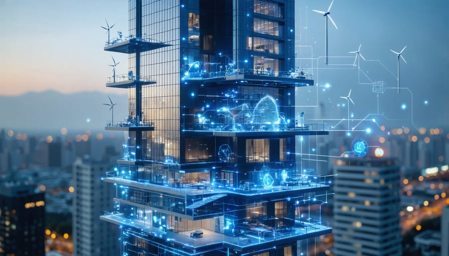 A futuristic commercial skyscraper equipped with solar panels and wind turbines, showcasing an advanced v-grid energy system amidst an urban skyline. Representing technology-driven sustainability in modern architecture.