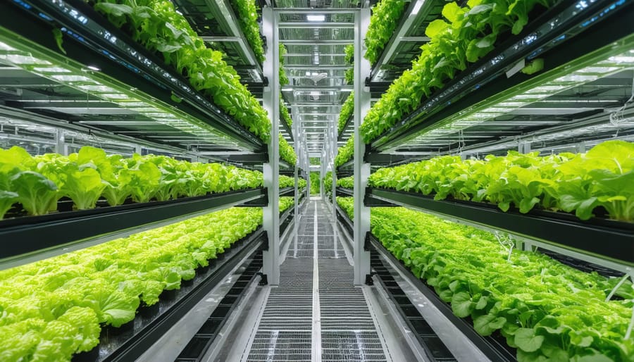 Multi-level indoor vertical farming system with LED grow lights and hydroponic technology
