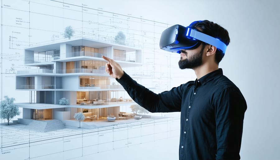 Construction professional using virtual reality technology to review building design