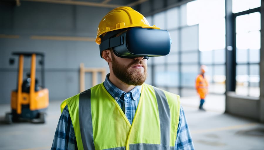 Construction professional using virtual reality equipment for safety training