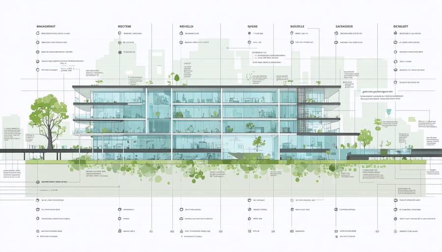 Cross-section diagram showing rainwater harvesting, treatment, and recycling systems