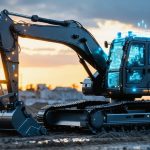 Futuristic 3D-printed construction equipment operating on a site at sunset, symbolizing innovation and efficiency in modern construction methods.