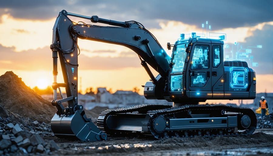 Futuristic 3D-printed construction equipment operating on a site at sunset, symbolizing innovation and efficiency in modern construction methods.