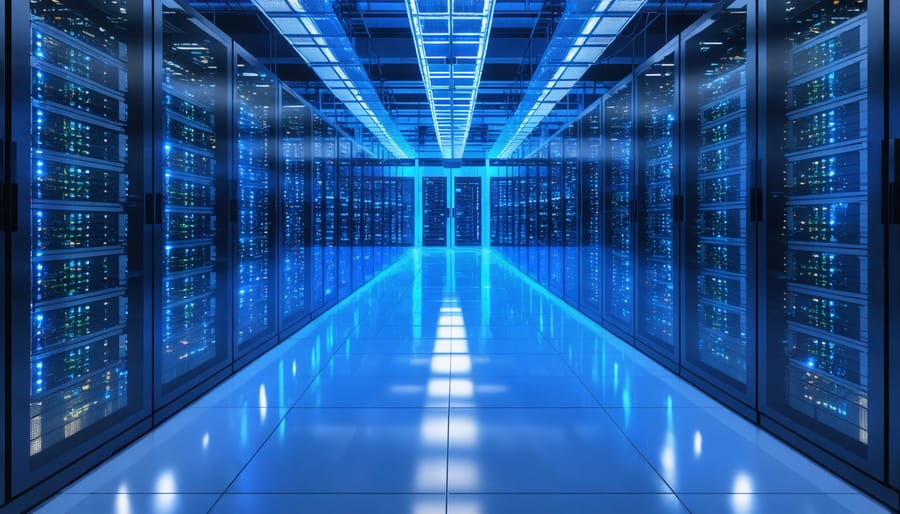 Interior view of an energy-intensive AI data center with rows of servers