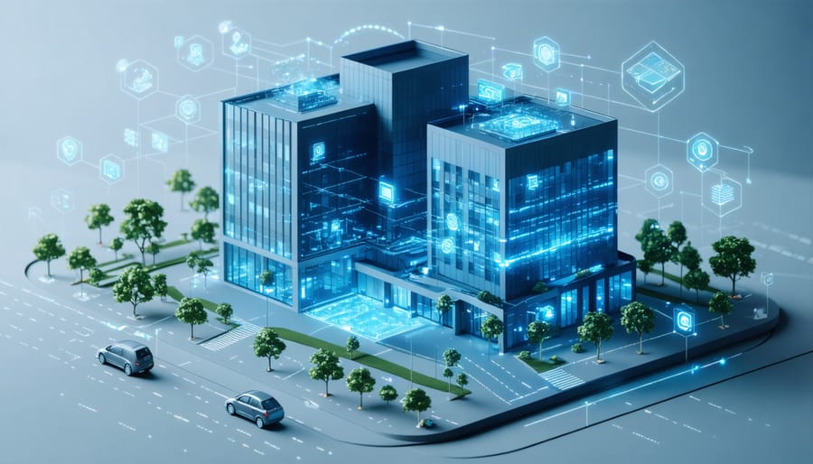 3D building model with edge computing zones and AI processing nodes highlighted