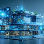 Illustration of a modern building seamlessly integrated with AI technology, featuring digital circuitry and energy-efficient elements representing advanced energy management.