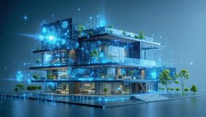 Illustration of a modern building seamlessly integrated with AI technology, featuring digital circuitry and energy-efficient elements representing advanced energy management.