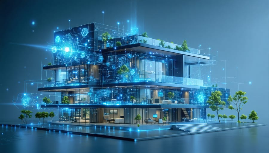 Illustration of a modern building seamlessly integrated with AI technology, featuring digital circuitry and energy-efficient elements representing advanced energy management.