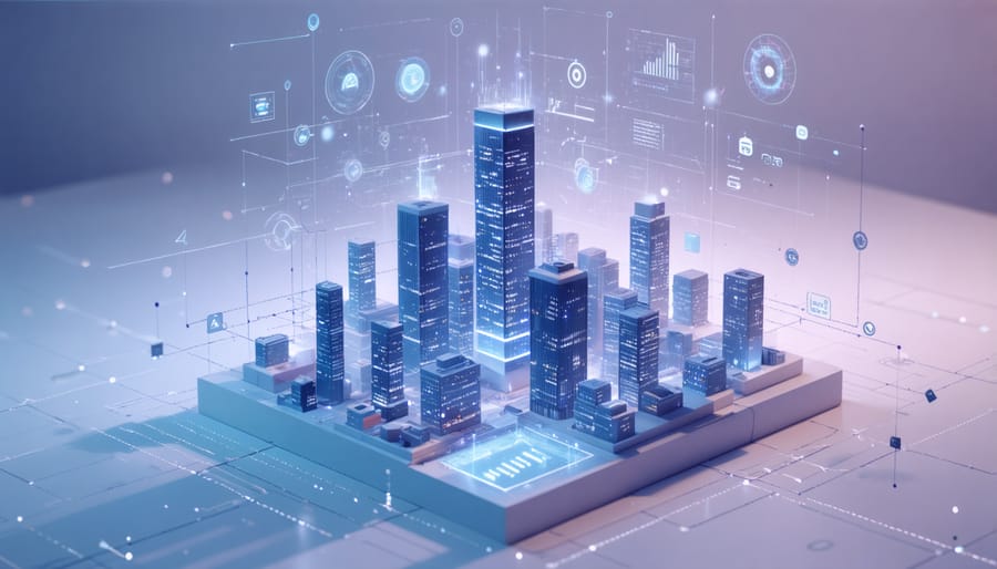 Abstract visualization of AI and machine learning analyzing real estate data