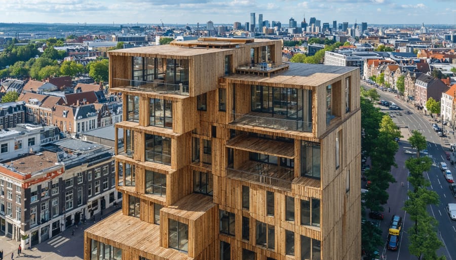 The Amsterdam Timber Tower, Europe's tallest wooden building, showcasing sustainable architecture