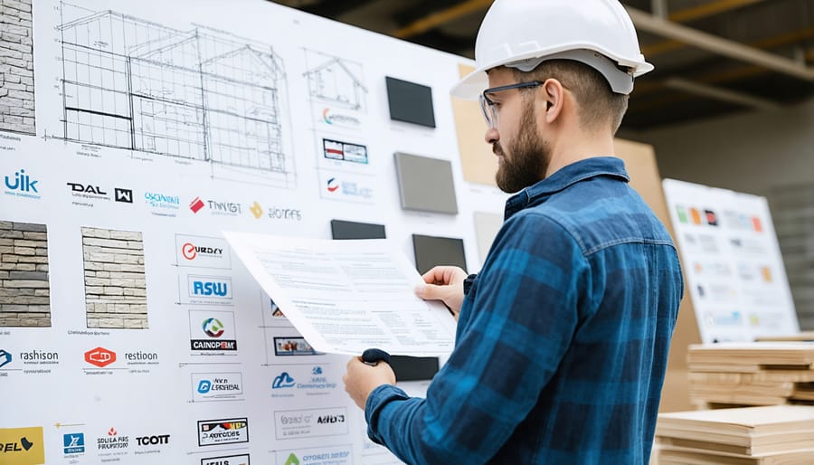 Architect examining sustainable building materials with digital overlay showing affiliate partnerships