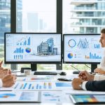 Architects in a modern office discussing building material samples with digital devices displaying affiliate marketing visuals, illustrating the concept of integrating revenue streams through strategic partnerships.