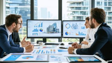 Architects in a modern office discussing building material samples with digital devices displaying affiliate marketing visuals, illustrating the concept of integrating revenue streams through strategic partnerships.