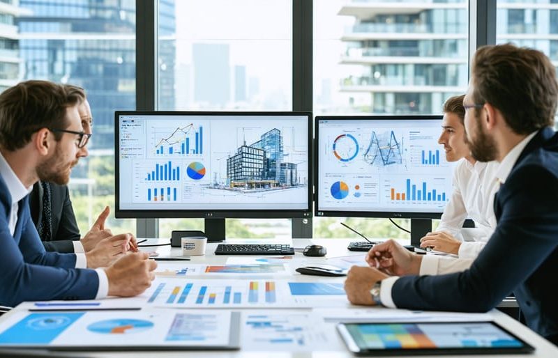 Architects in a modern office discussing building material samples with digital devices displaying affiliate marketing visuals, illustrating the concept of integrating revenue streams through strategic partnerships.