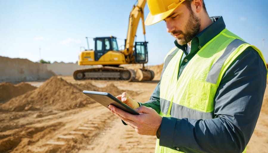 Site manager reviewing digital construction documents on tablet with blockchain security interface