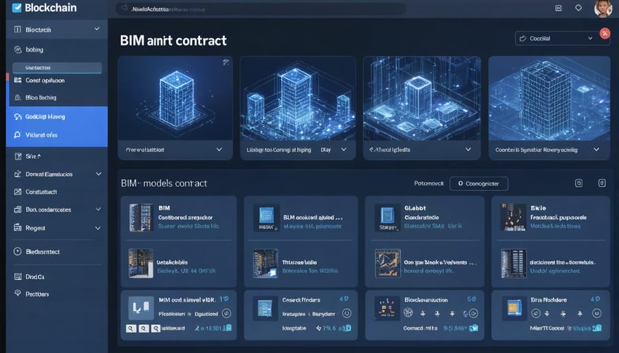User interface of a construction blockchain application displaying project management features