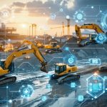 A digital representation of a construction site integrated with blockchain technology symbols, illustrating the intersection of blockchain applications and construction processes to enhance project management and transparency.